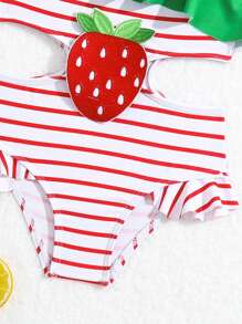 女嬰條紋圖案&草莓圖案荷葉邊鏤空連體泳衣