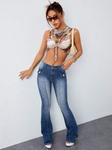 SHEIN ICON Flap Pocket Flare Leg Jeans - Medium Wash - View 4