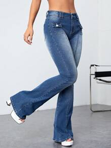 SHEIN ICON Flap Pocket Flare Leg Jeans - Medium Wash - View 5