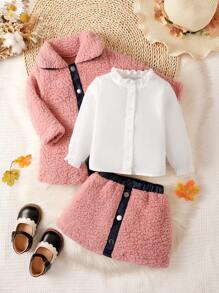 Baby Girl 3pcs Frill Trim Flounce Sleeve Shirt & Contrast Tape Skirt & Button Front Coat - Multicolor - View 1