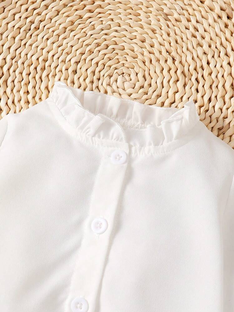 Baby Girl 3pcs Frill Trim Flounce Sleeve Shirt & Contrast Tape Skirt & Button Front Coat - Multicolor - View 4