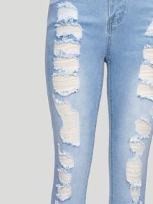 Teen Girl Ripped Raw Hem Jeans - Light Wash - View 5