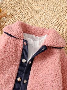 Baby Girl 3pcs Frill Trim Flounce Sleeve Shirt & Contrast Tape Skirt & Button Front Coat - Multicolor - View 5