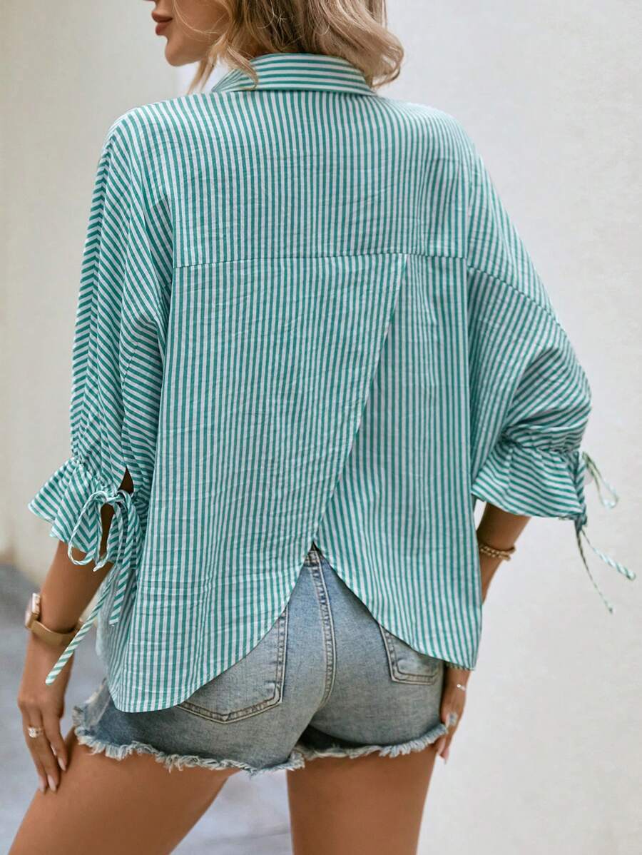 Chiquease Striped Print Knot Cuff Wrap Back Shirt - Green - View 1