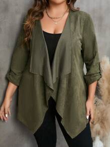 SHEIN LUNE Plus Waterfall Collar Roll Tab Sleeve Open Front Coat - Army Green - View 3