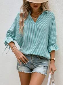 Chiquease Striped Print Knot Cuff Wrap Back Shirt - Green - View 2