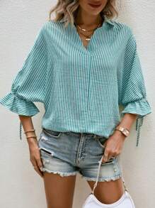 Chiquease Striped Print Knot Cuff Wrap Back Shirt - Green - View 3