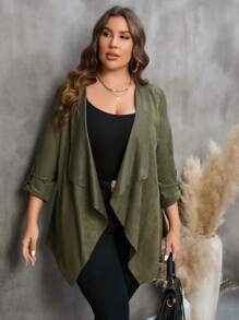 SHEIN LUNE Plus Waterfall Collar Roll Tab Sleeve Open Front Coat - Army Green - View 4