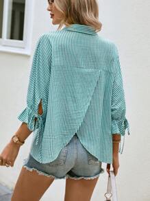 Chiquease Striped Print Knot Cuff Wrap Back Shirt - Green - View 4