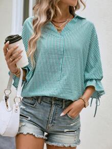 Chiquease Striped Print Knot Cuff Wrap Back Shirt - Green - View 5