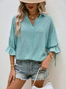 Chiquease Striped Print Knot Cuff Wrap Back Shirt - Green - View 6