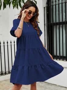Breezaya 喇叭袖荷叶边下摆罩衫连衣裙度假海滩装女装 - 藏蓝色 - 查看 4