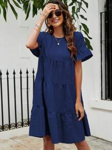 Breezaya 喇叭袖荷叶边下摆罩衫连衣裙度假海滩装女装 - 藏蓝色 - 查看 5