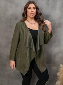 SHEIN LUNE Plus Waterfall Collar Roll Tab Sleeve Open Front Coat - Army Green - View 5