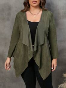 SHEIN LUNE Plus Waterfall Collar Roll Tab Sleeve Open Front Coat - Army Green - View 7