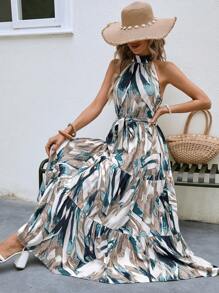 Breezaya 熱帶圖案荷葉邊掛脖連衣裙