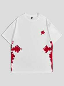 ROMWE MEN Goth Camiseta de manga caída con estampado de estrella cruzada para hombre, para Halloween, escuela - Blanco - Ver 1