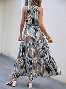 Breezaya 熱帶圖案荷葉邊掛脖連衣裙