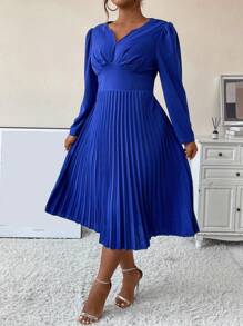 SHEIN Unity 大碼雞心領口百褶下擺連衣裙 - 寶藍色 - 查看 3