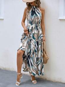 Breezaya 熱帶圖案荷葉邊掛脖連衣裙