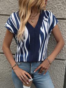 EMERY ROSE 條紋印花蝙蝠袖襯衫 - 藍白色 - 查看 1