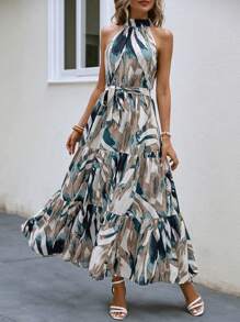 Breezaya 熱帶圖案荷葉邊掛脖連衣裙