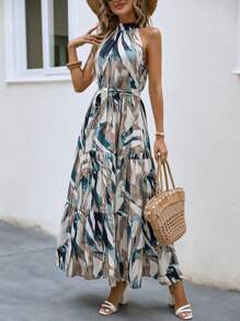 Breezaya 熱帶圖案荷葉邊掛脖連衣裙