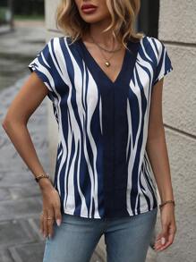 EMERY ROSE 條紋印花蝙蝠袖襯衫 - 藍白色 - 查看 3