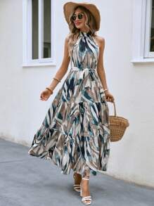 Breezaya 熱帶圖案荷葉邊掛脖連衣裙