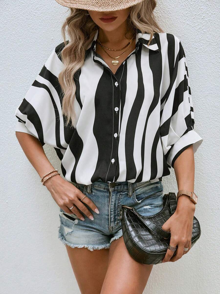 SHEIN LUNE Wave Striped Batwing Sleeve Shirt - Black and White - View 1