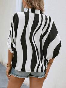 SHEIN LUNE Wave Striped Batwing Sleeve Shirt - Black and White - View 2