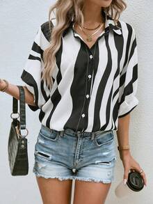 SHEIN LUNE Wave Striped Batwing Sleeve Shirt - Black and White - View 3