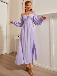 S BETRO Ca-vát Backless Tay áo loe Váy chữ A - Màu Lilac Tím - Xem 5