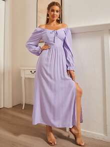 S BETRO Ca-vát Backless Tay áo loe Váy chữ A - Màu Lilac Tím - Xem 6