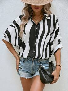 SHEIN LUNE Wave Striped Batwing Sleeve Shirt - Black and White - View 5