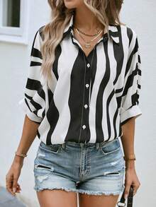 SHEIN LUNE Wave Striped Batwing Sleeve Shirt - Black and White - View 6