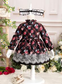 女嬰格紋印花荷葉袖前蝴蝶結連衣裙＆ 頭巾 - 彩色 - 查看 2