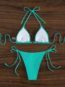 Bộ Bikini Tam Giác Dây Đính Nhẫn Trái Tim - Màu xanh Cadet - Xem 4