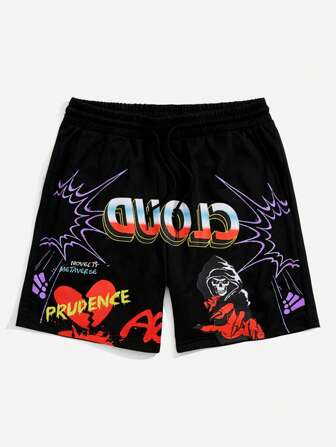 Guys Skeleton Letter Graphic Drawstring Waist Shorts
