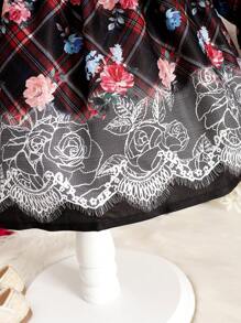 女嬰格紋印花荷葉袖前蝴蝶結連衣裙＆ 頭巾 - 彩色 - 查看 5