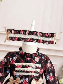 女嬰格紋印花荷葉袖前蝴蝶結連衣裙＆ 頭巾 - 彩色 - 查看 6