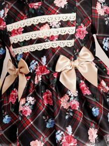 女嬰格紋印花荷葉袖前蝴蝶結連衣裙＆ 頭巾 - 彩色 - 查看 7