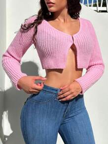 SHEIN SXY 前紐扣短款開衫 - 粉色 - 查看 1