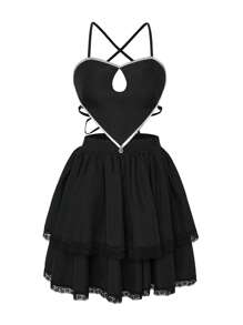 SHEIN Unity 蕾絲拼接交叉後背繫帶吊帶連衣裙 - 黑色 - 查看 1