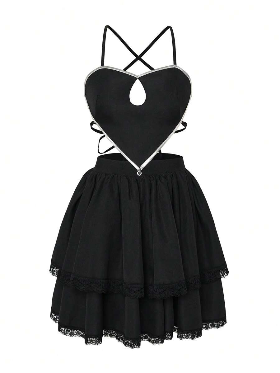 SHEIN Unity 蕾絲拼接交叉後背繫帶吊帶連衣裙 - 黑色 - 查看 1