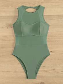素色露背連體泳衣 - 青碧色 - 查看 3