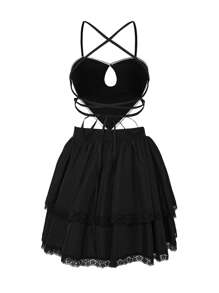 SHEIN Unity 蕾絲拼接交叉後背繫帶吊帶連衣裙 - 黑色 - 查看 2