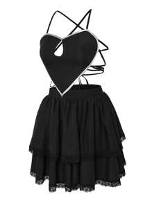 SHEIN Unity 蕾絲拼接交叉後背繫帶吊帶連衣裙 - 黑色 - 查看 3