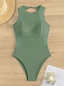 素色露背連體泳衣 - 青碧色 - 查看 6