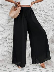 SHEIN LUNE Solid Wide Leg Trousers - Black - View 5